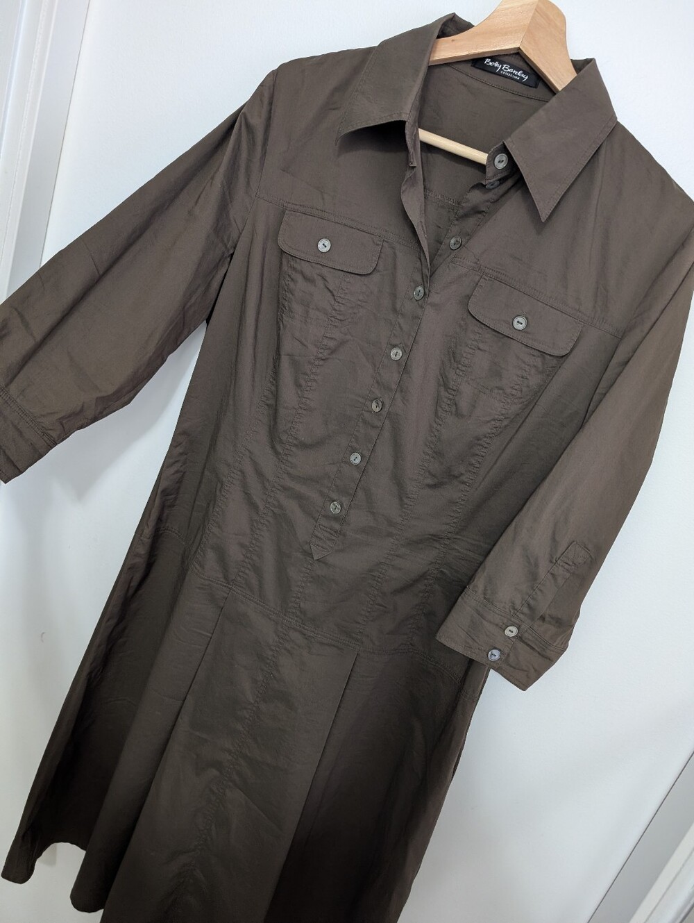 Betty Barclay Large Cargo Dress Button Down Collar 3/4 Sleeve Brown European